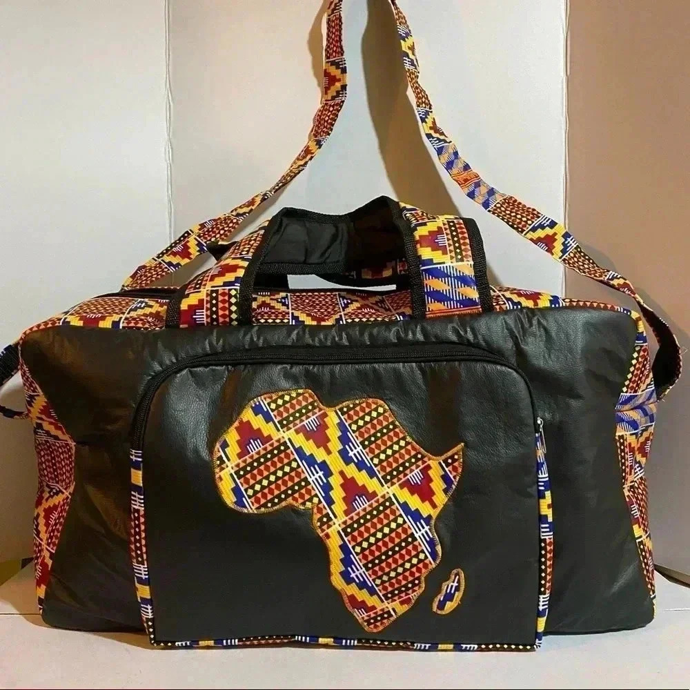 Handcrafted  unisex Ankara print vinyl leather duffel weekend travel bag - Picture 4 of 11